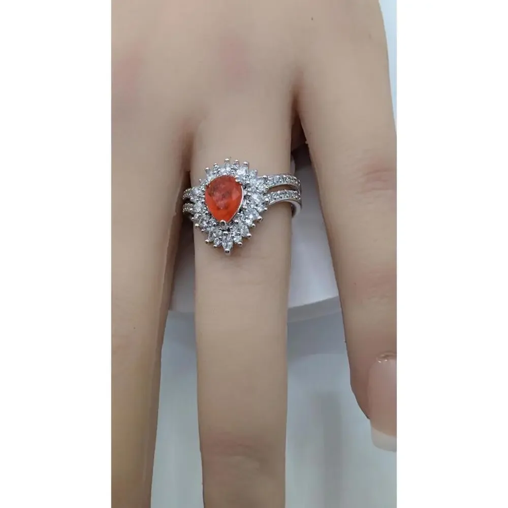 Silver Ring with Orange Gemstone and Clear Accent Stones, Size 8